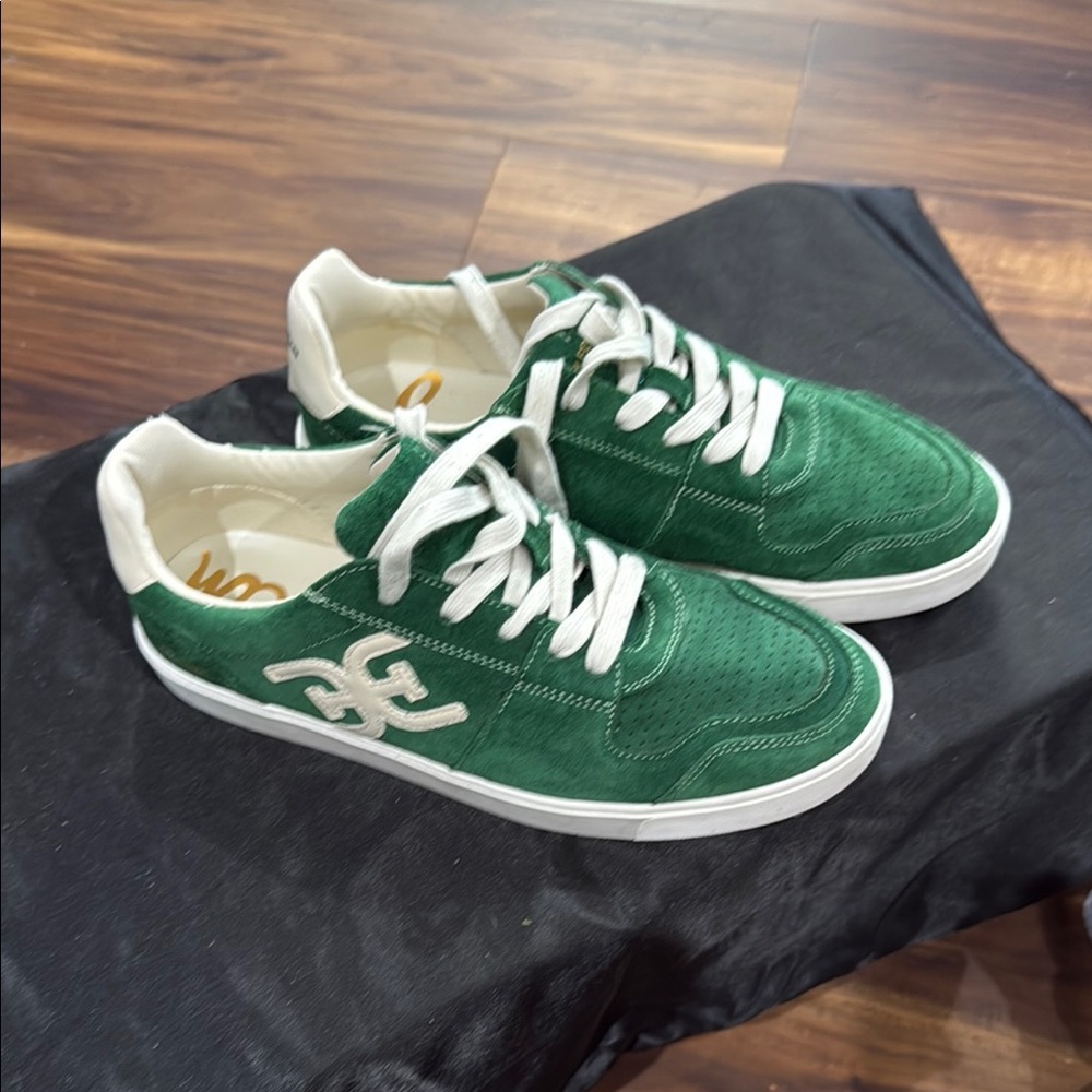 Green Suede Sneakers with White Accents